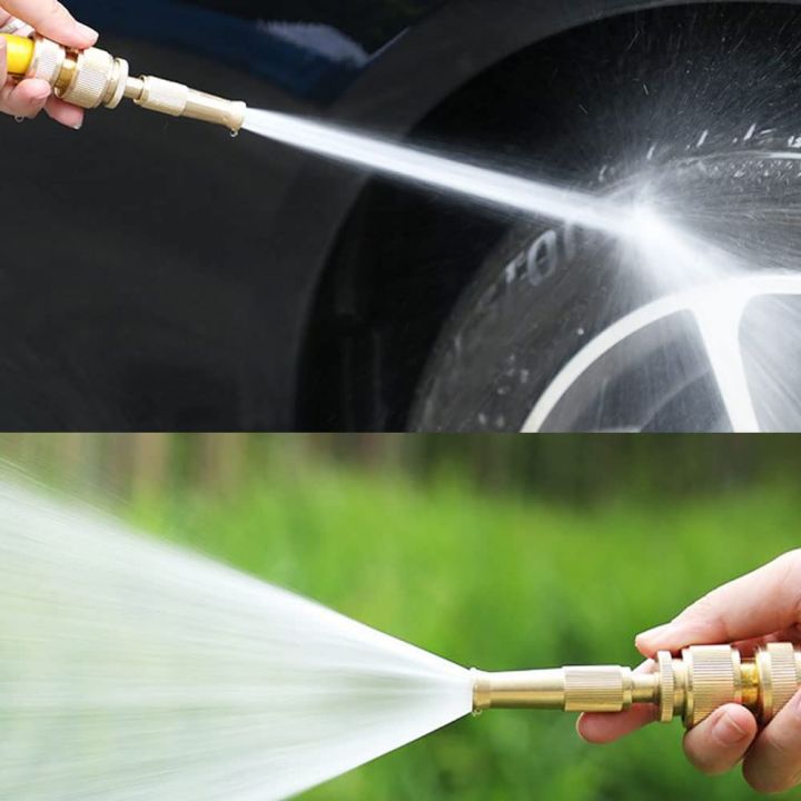 Brass hose nozzle cleaning a walkway — heavy-duty sprayer for outdoor cleaning