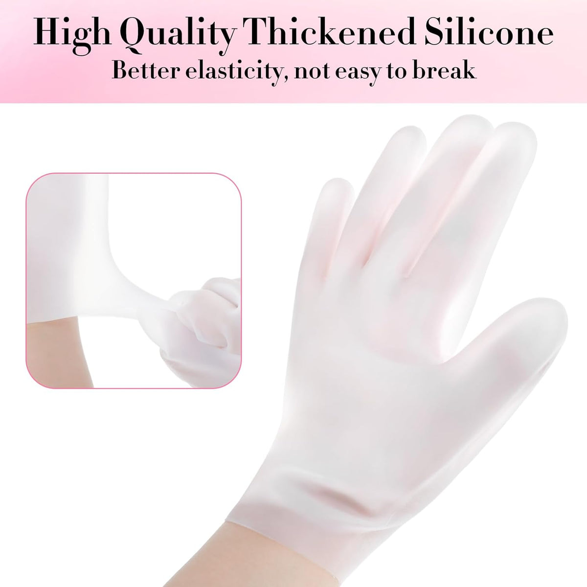 Silicone spa gloves lifestyle shot - hands wearing moisturizing gel gloves for winter hand care