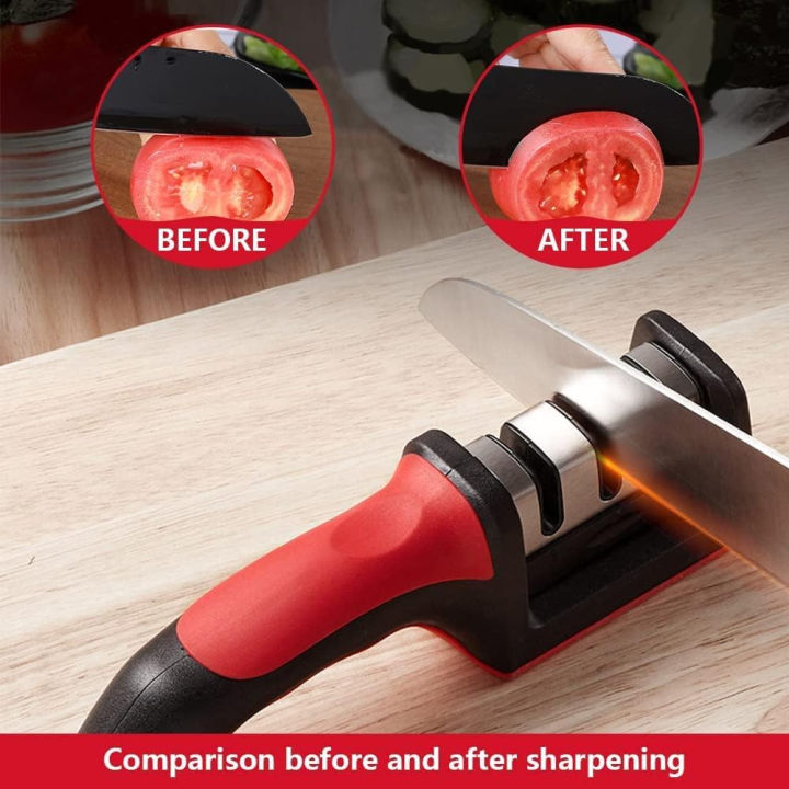 4-in-1 knife sharpener — before and after comparison: tomato slices cleanly after sharpening