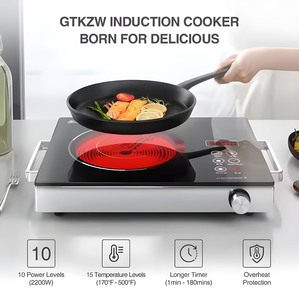 RAF infrared cooker glowing red while cooking salmon in a pan — power, temperature, timer and overheat protection features