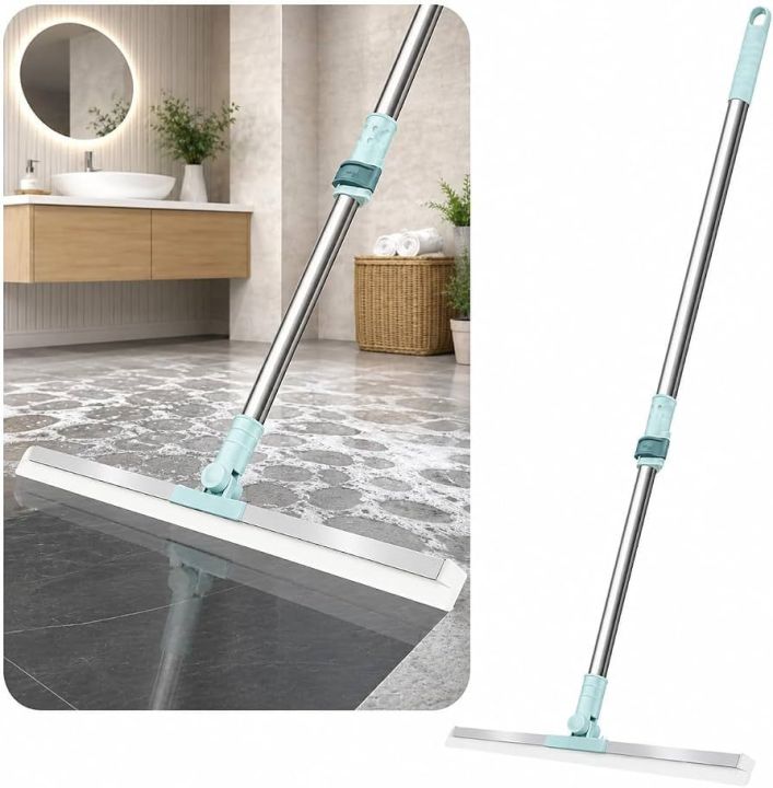 Magic broom wiping a bathroom floor — multi-surface rubber wiper for tiles and wet areas