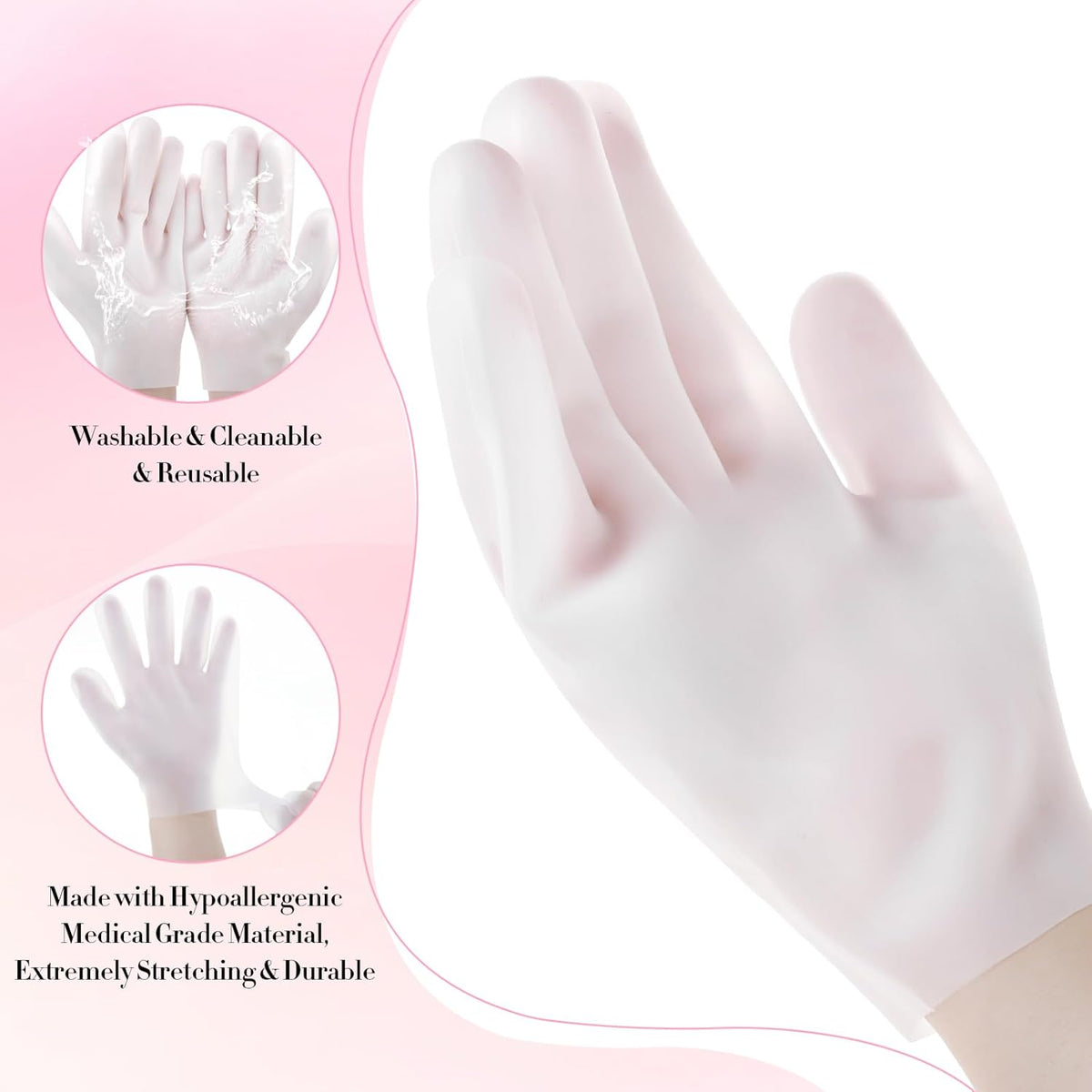 Silicone moisturizing glove being stretched onto a hand - flexible one-size fit