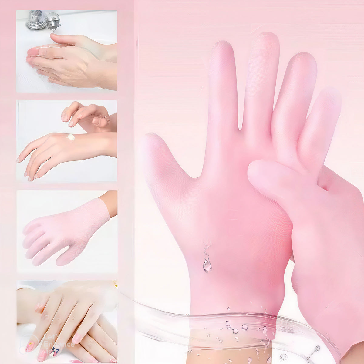 Pink silicone moisturizing spa gloves pair on pink background - hydrating hand spa for dry cracked skin