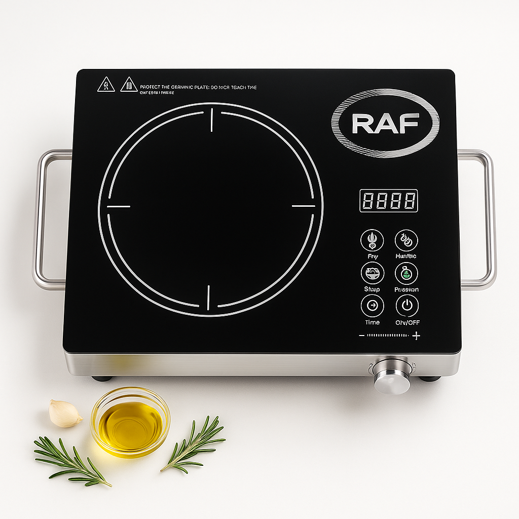 RAF 3500W infrared electric cooker — black crystal glass single burner with touch panel, front knob and silver side handles
