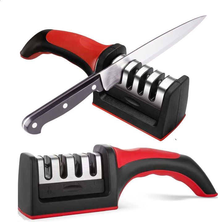 4-in-1 manual knife sharpener — front view with kitchen knife in pull-through slot, black body with red accents and 4 sharpening slots