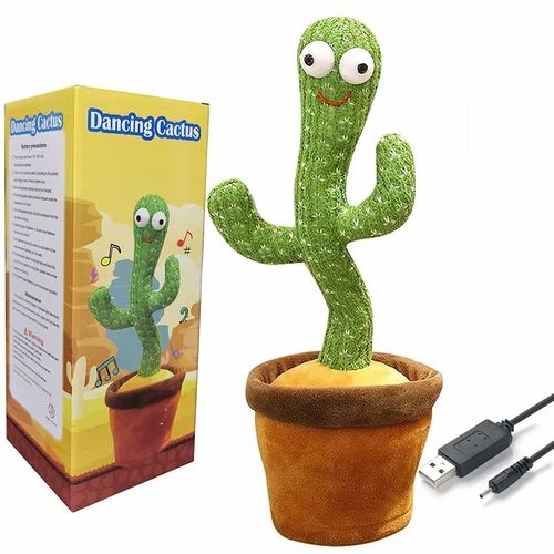 Dancing cactus toy in its brown pot with googly eyes and red smile