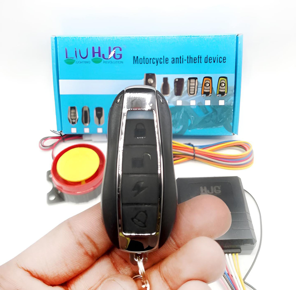 HJG bike lock alarm kit laid out with box and accessories
