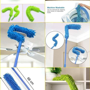 Flexible microfiber fan duster bent around ceiling fan blades collage