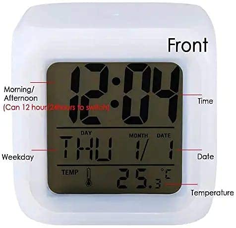 Compact cube alarm clock on a desk, 7.5 cm cube with digital display