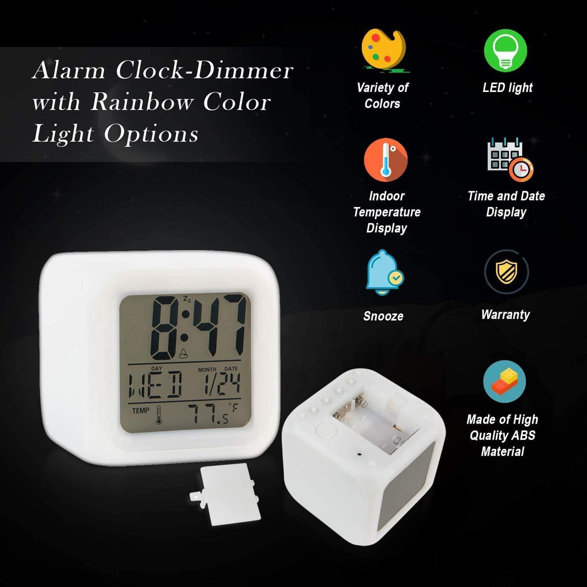 Glowing cube alarm clock on a bedside table at night with colourful LED light
