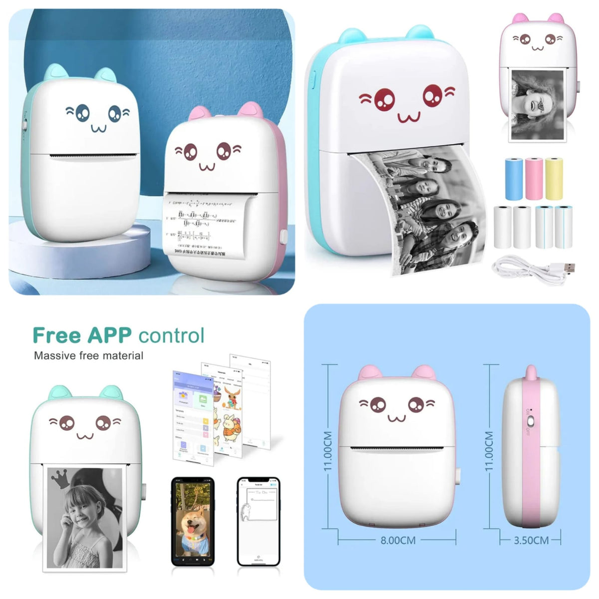 White cat-face mini thermal photo printer front view