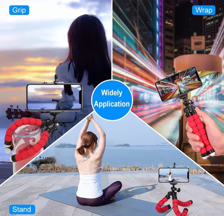 Mini tabletop tripod holding a phone, flexible legs on a table