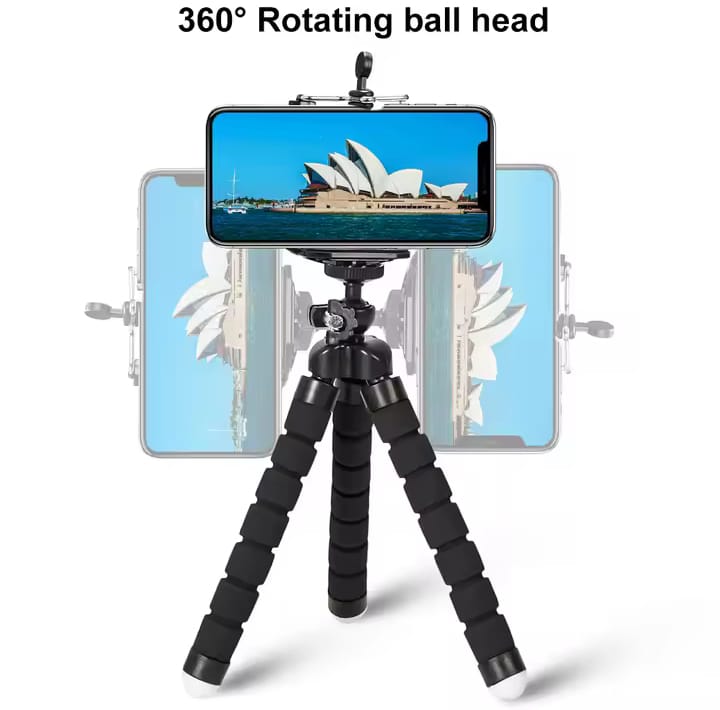 Flexible octopus tripod legs bent and wrapped, phone holder mount on top