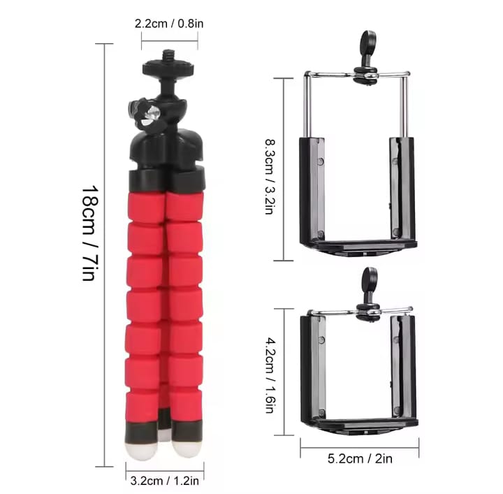 Octopus tripod with phone holder, close-up of bendable sponge-covered legs