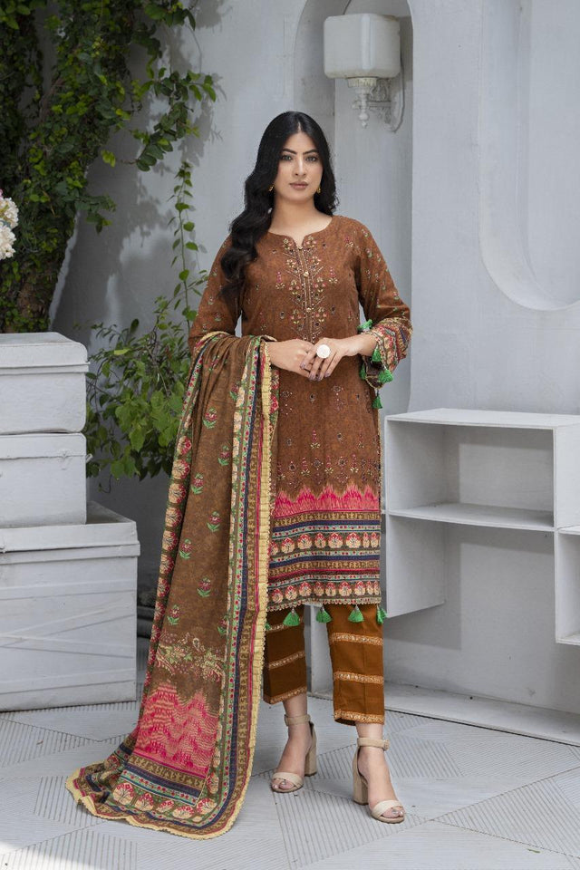 3 Pcs Women's Unstitched Khaddar Printed Suit