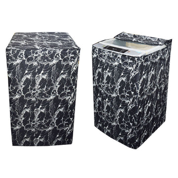 Waterproof washing machine cover in black marble print on a top-load washing machine, closed front view and lid-flap open view