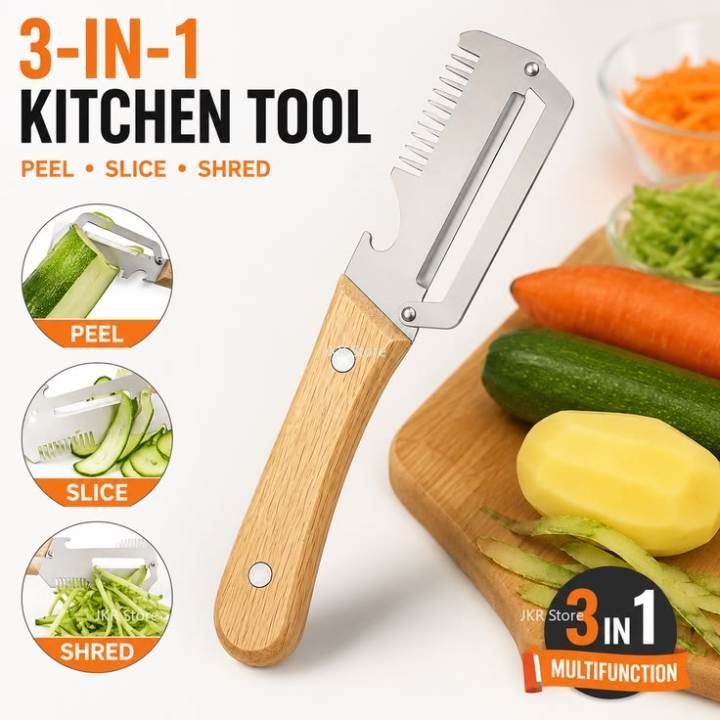 3-in-1 multifunction kitchen peeler marketing image — peel, slice and shred with wooden handle