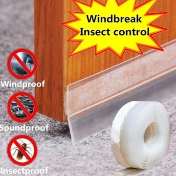 Transparent silicone sealing tape applied along a wooden door bottom — roll beside it; windproof, soundproof and insectproof door seal