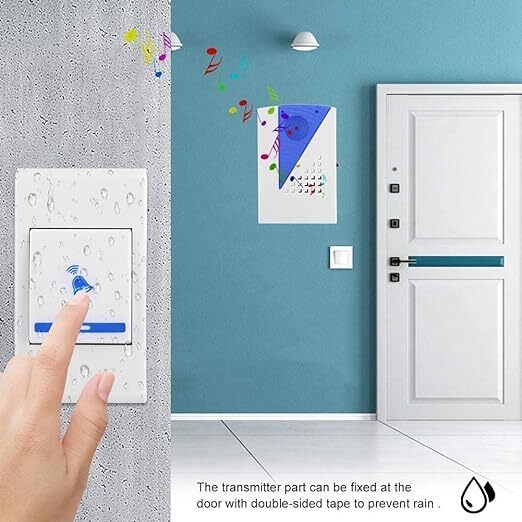 Wireless doorbell transmitter mounted at the door with the triangle chime receiver on the wall