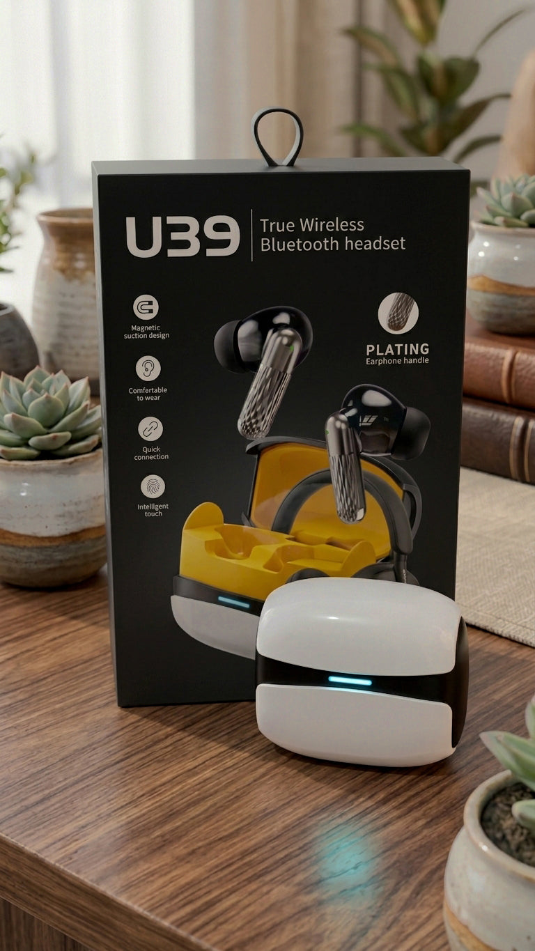 U39 wireless gaming earbuds box with yellow and black gaming charging case