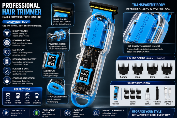 Transparent cordless hair trimmer for men with visible internal mechanism and precision T-blade