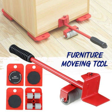 5-in-1 furniture lifter and mover set — red lifter bar with black grip handle and four wheeled slider pads, full kit view