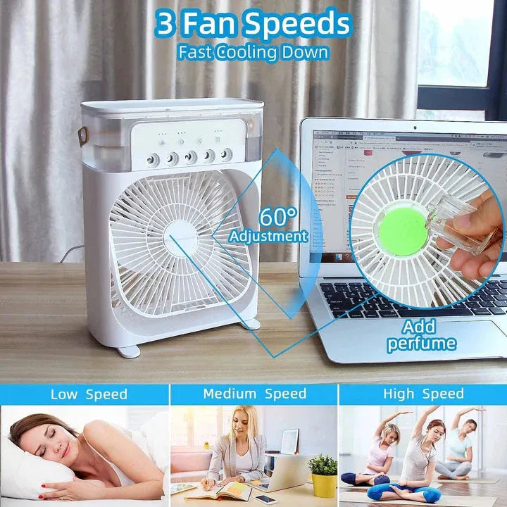 Mini air cooler fan on a desk by a laptop showing 3 fan speeds and 60 degree adjustment