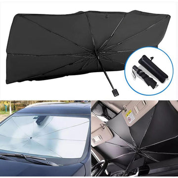 Black car umbrella sun shade open across a car windshield