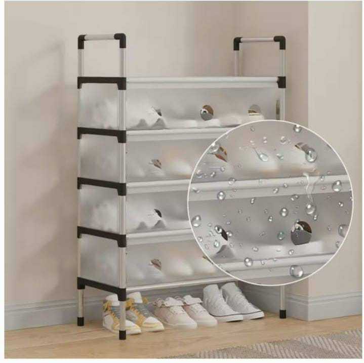 Shoe organizer tower with non-woven fabric shelves and steel-pipe frame