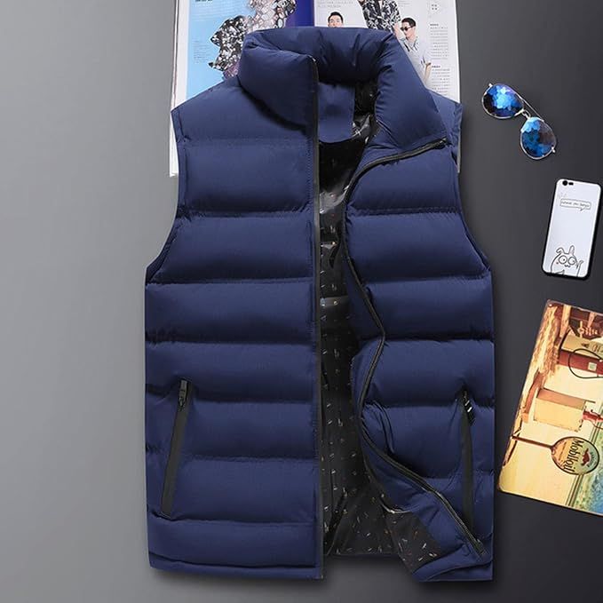 Puffer vest flat lay — navy quilted gilet showing zip pockets and collar