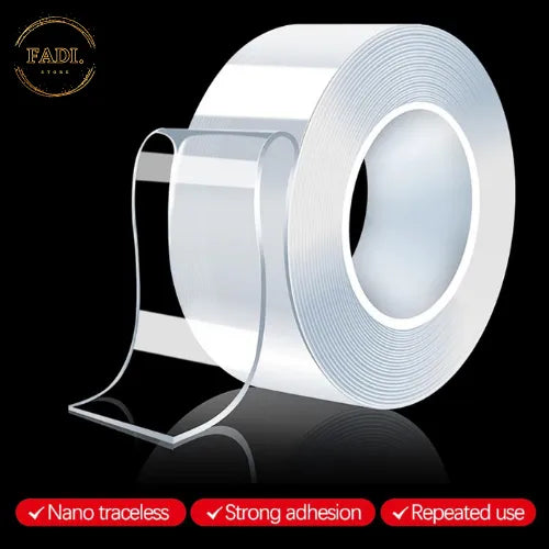 Nano double-sided tape — transparent reusable gel tape roll product shot with strong-adhesion feature badges