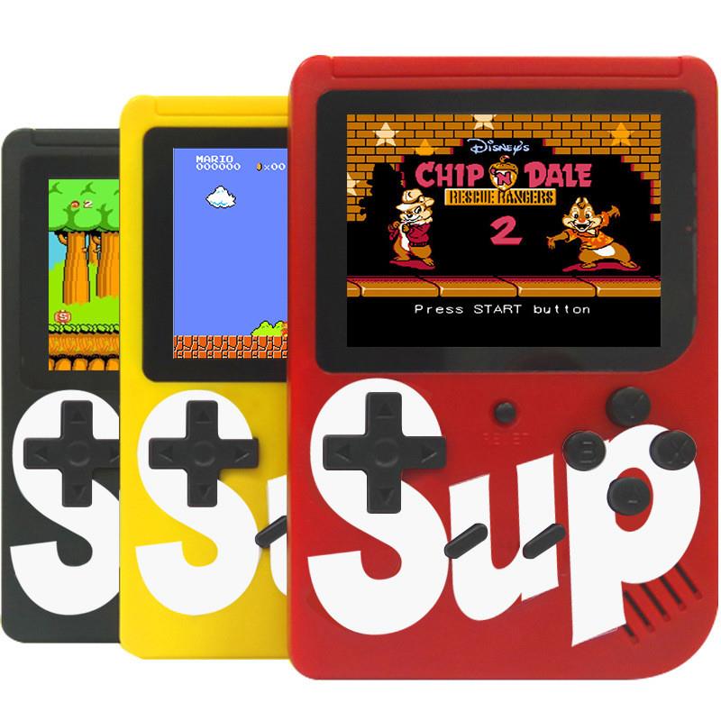 SUP 400 retro handheld consoles in black, yellow and red