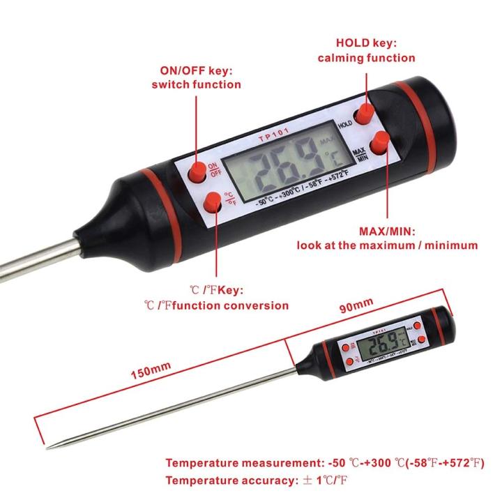 TP101 thermometer annotated diagram showing buttons and temperature range