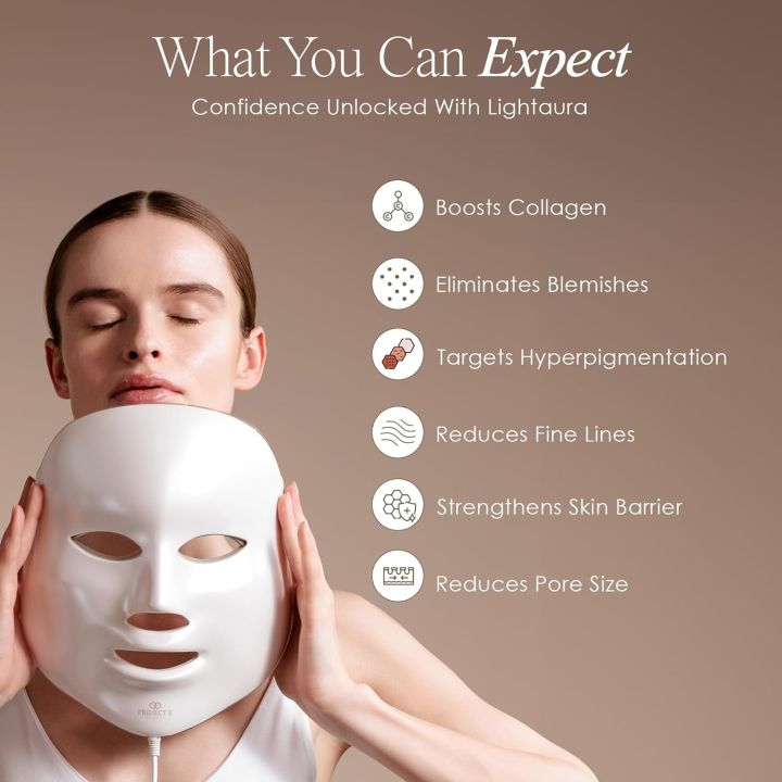 Expected skincare benefits of the LED face mask: collagen boost, blemish removal, fine lines and pores