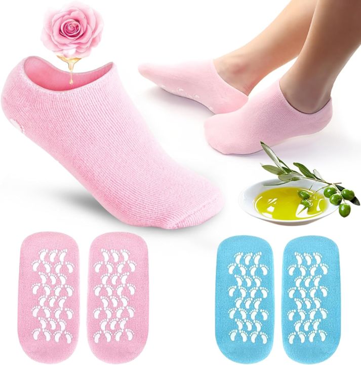 Pink silicone gel moisturizing spa socks worn on feet — gel lining with natural oils, footprint-textured pink and blue color variants