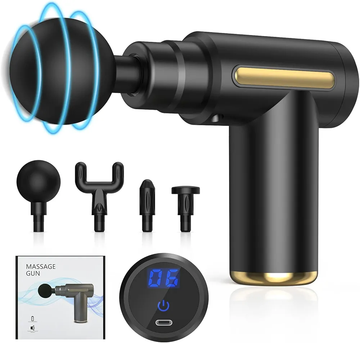 6-speed percussion massage gun, black with gold accents, front view