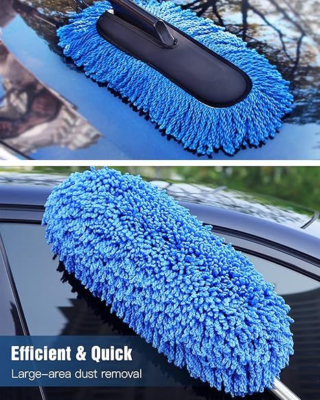 Close-up of the blue chenille microfiber head of the car duster — soft dense fibers for quick dust removal