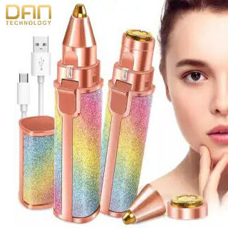 Flawless 2-in-1 facial hair remover pen in rose gold with glitter finish, USB charging cable and trimmer heads