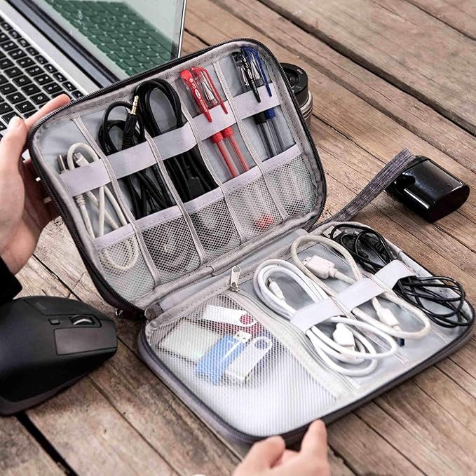 Red and navy blue travel cable organizer pouches with top carry handles
