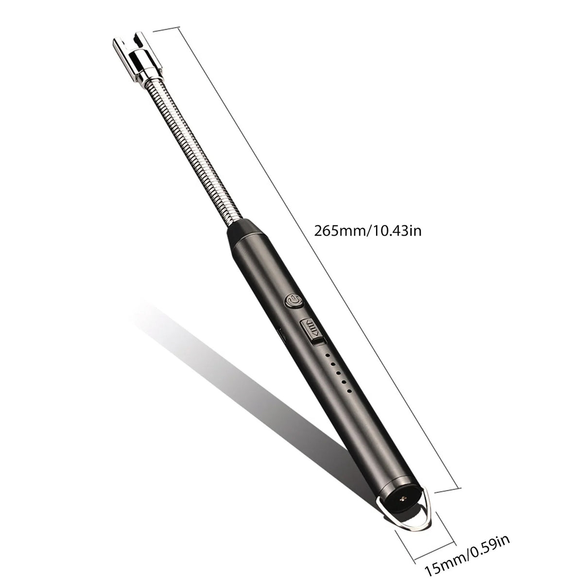 USB arc lighter dimensions: 265mm long, 15mm wide, pen-shaped handle with flexible neck