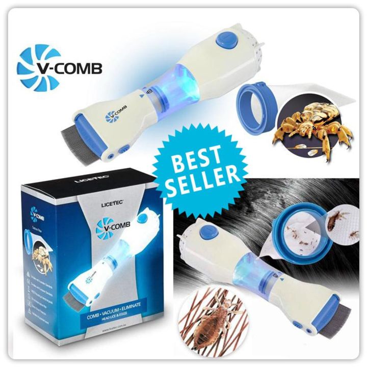 V-Comb anti-lice vacuum comb with retail box showing how it vacuums lice and nits