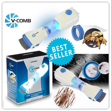 V-Comb anti-lice vacuum comb with retail box showing how it vacuums lice and nits