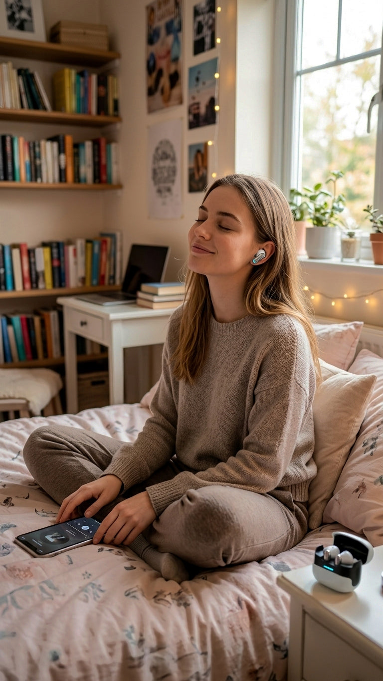 Woman wearing U39 wireless earbud with open charging case on bedside table
