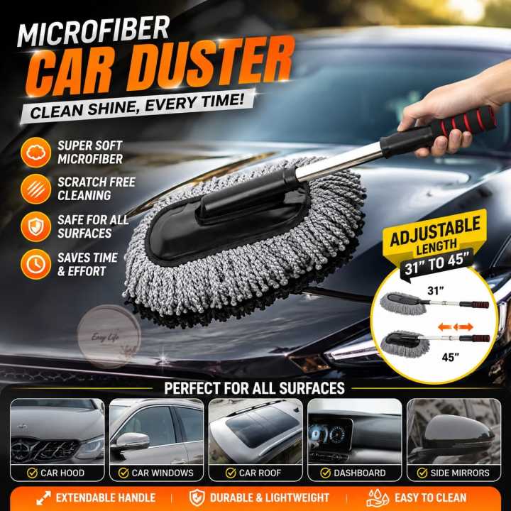 Microfiber car duster with extendable handle — grey chenille duster brushing a car hood, adjustable length 31 to 45 inches, scratch-free cleaning