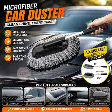 Microfiber car duster with extendable handle — grey chenille duster brushing a car hood, adjustable length 31 to 45 inches, scratch-free cleaning