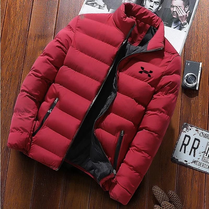 Men's quilted puffer jacket in red — full-sleeve, stand collar