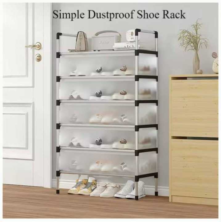 Foldable shoe rack with dustproof cover showing shelf layers filled with shoes