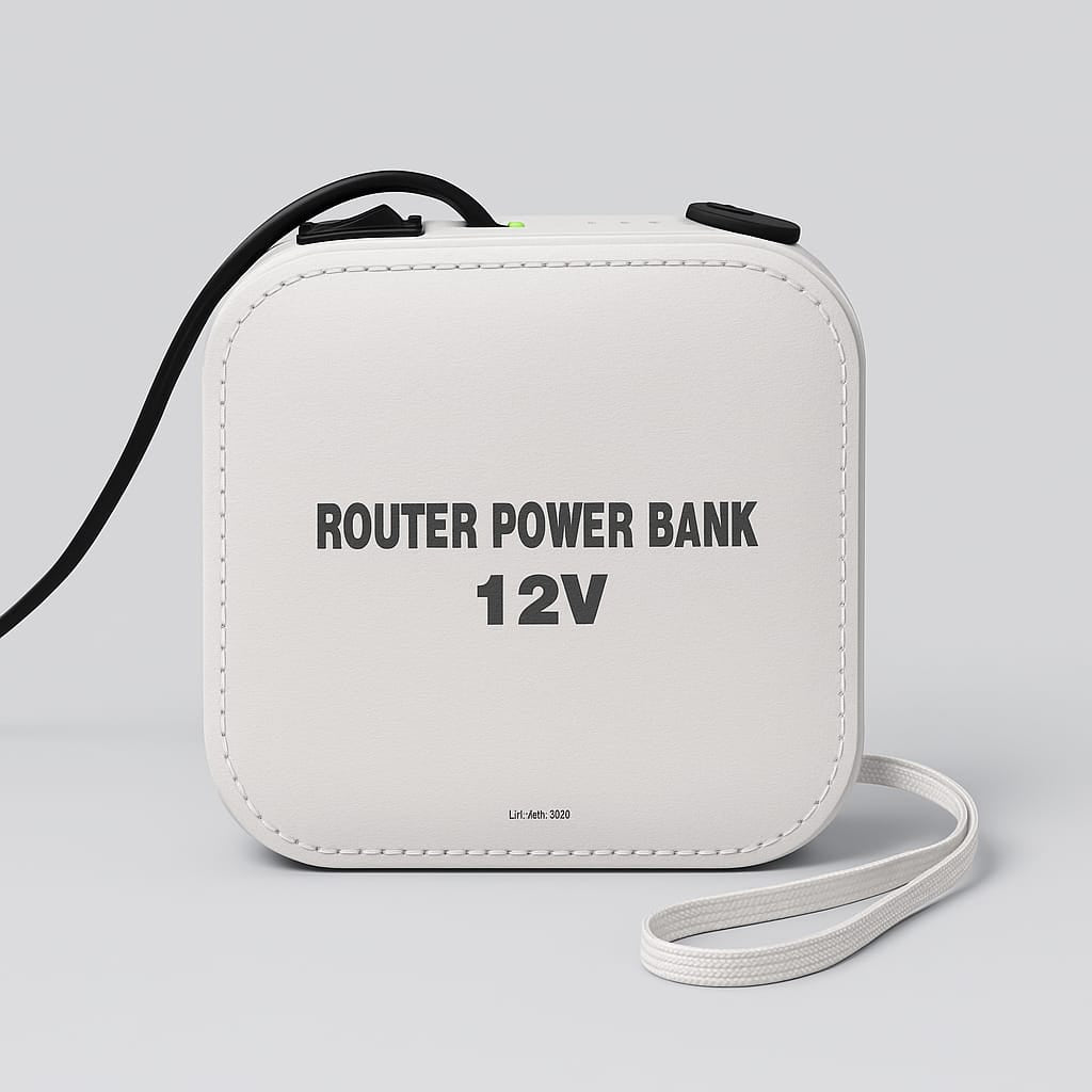 Router mini UPS unit detail — compatible with TP-Link, Tenda, PTCL Fiber and Huawei 12V routers