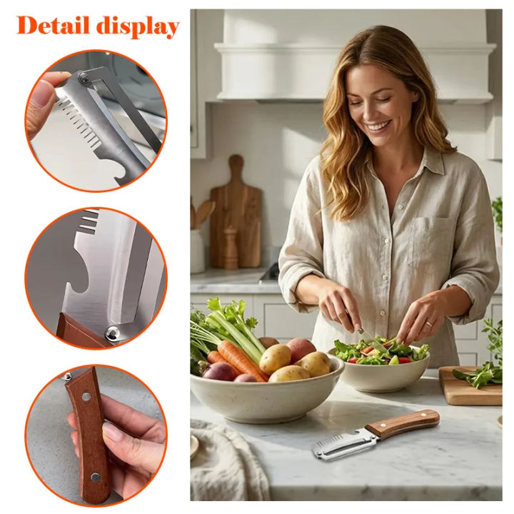 3-in-1 peeler detail display — julienne teeth close-up, bottle opener notch, wooden handle with rivets