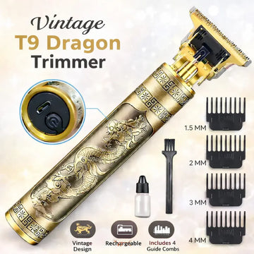 Vintage T9 Dragon trimmer with gold dragon engraving, guide combs, oil and cleaning brush